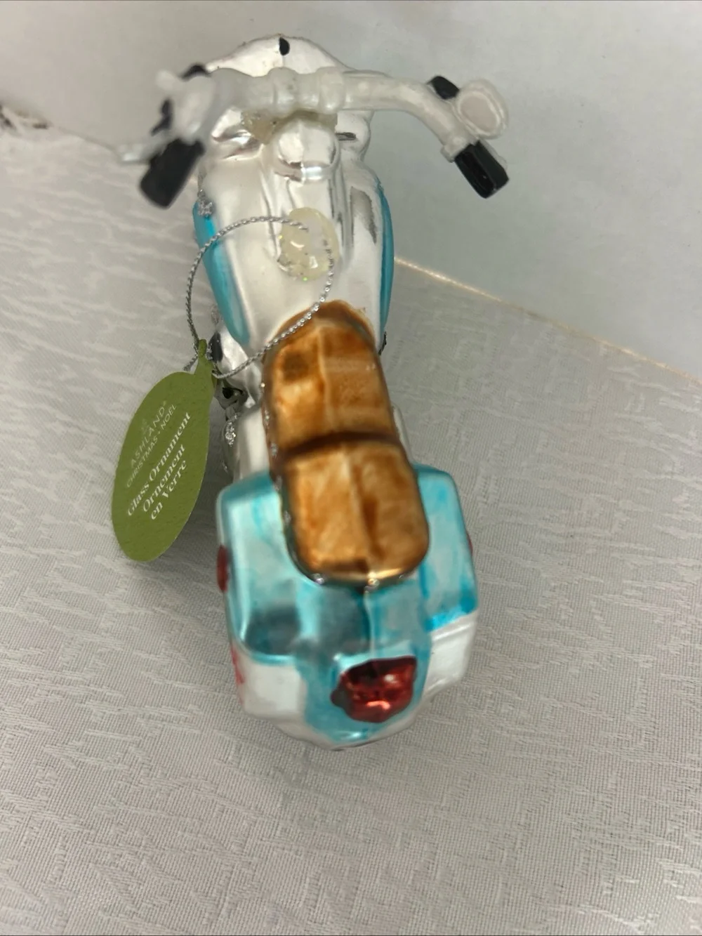 Ashland Silver and Turquoise Glass Motorcycle Ornament with Floral Accent